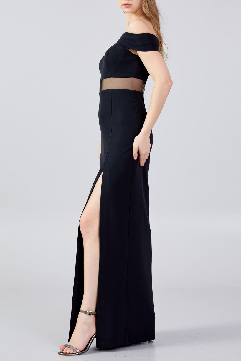 オフショルダーシースパネルロングドレスブラックXLサイズ(44)