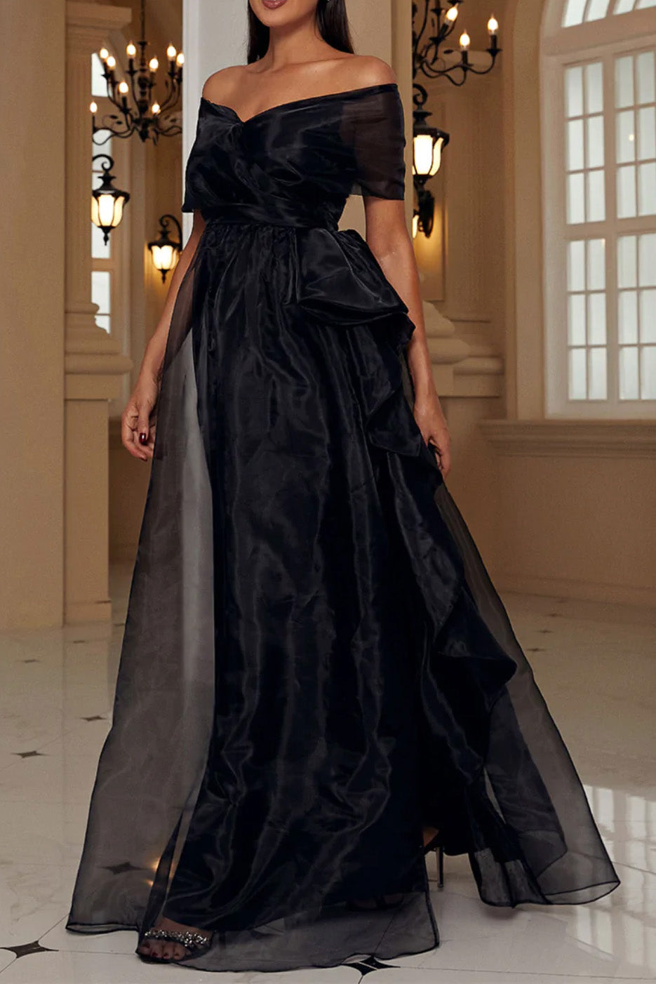 オーガンジーオフショルダーロングドレスブラックSサイズ