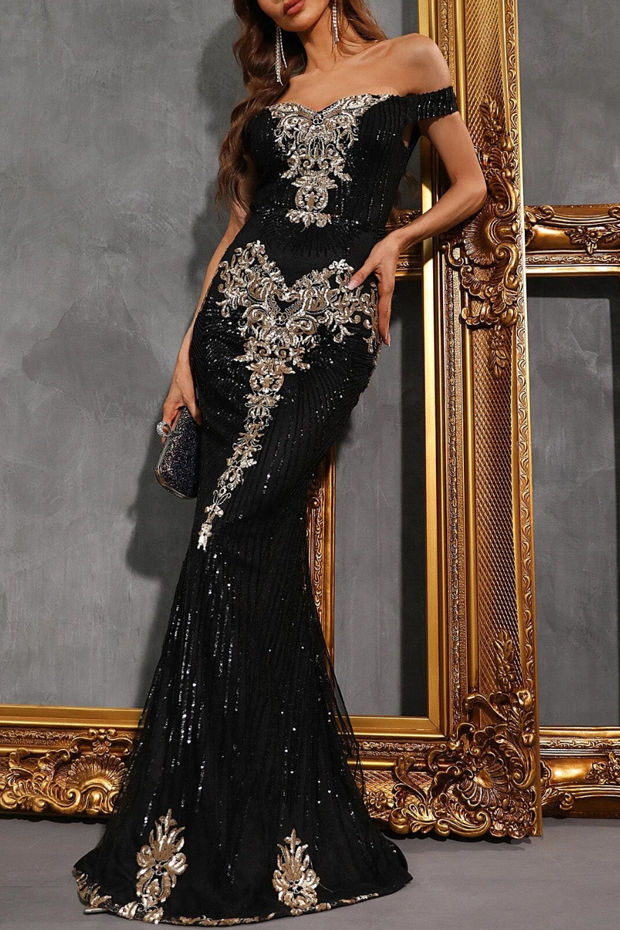 オフショルダースパンコールマーメイドドレスブラック×ゴールドSサイズ