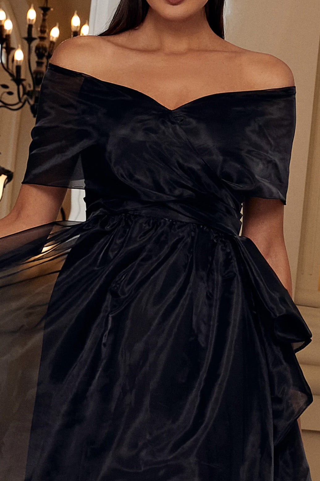 オーガンジーオフショルダーロングドレスブラックSサイズ