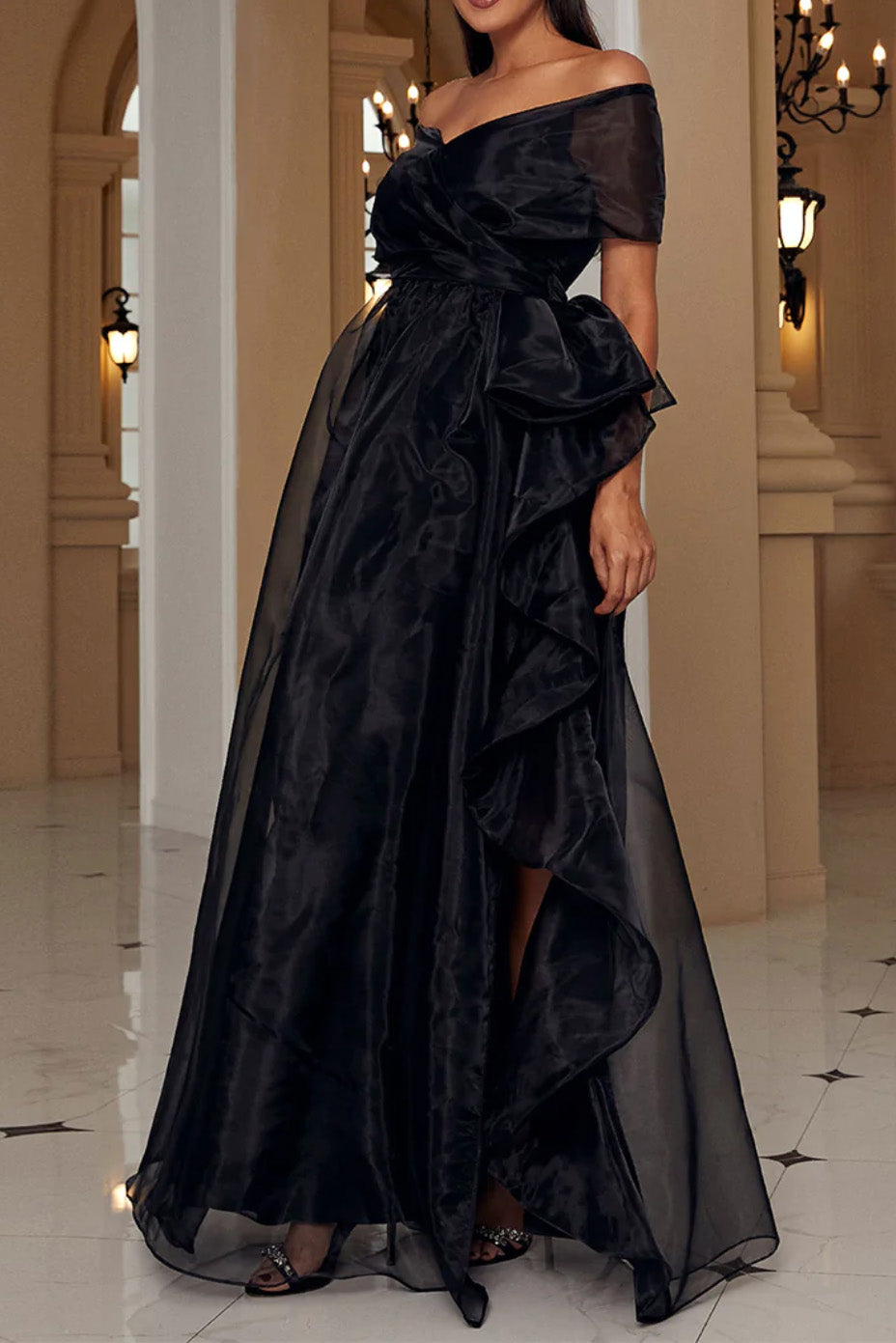 オーガンジーオフショルダーロングドレスブラックSサイズ