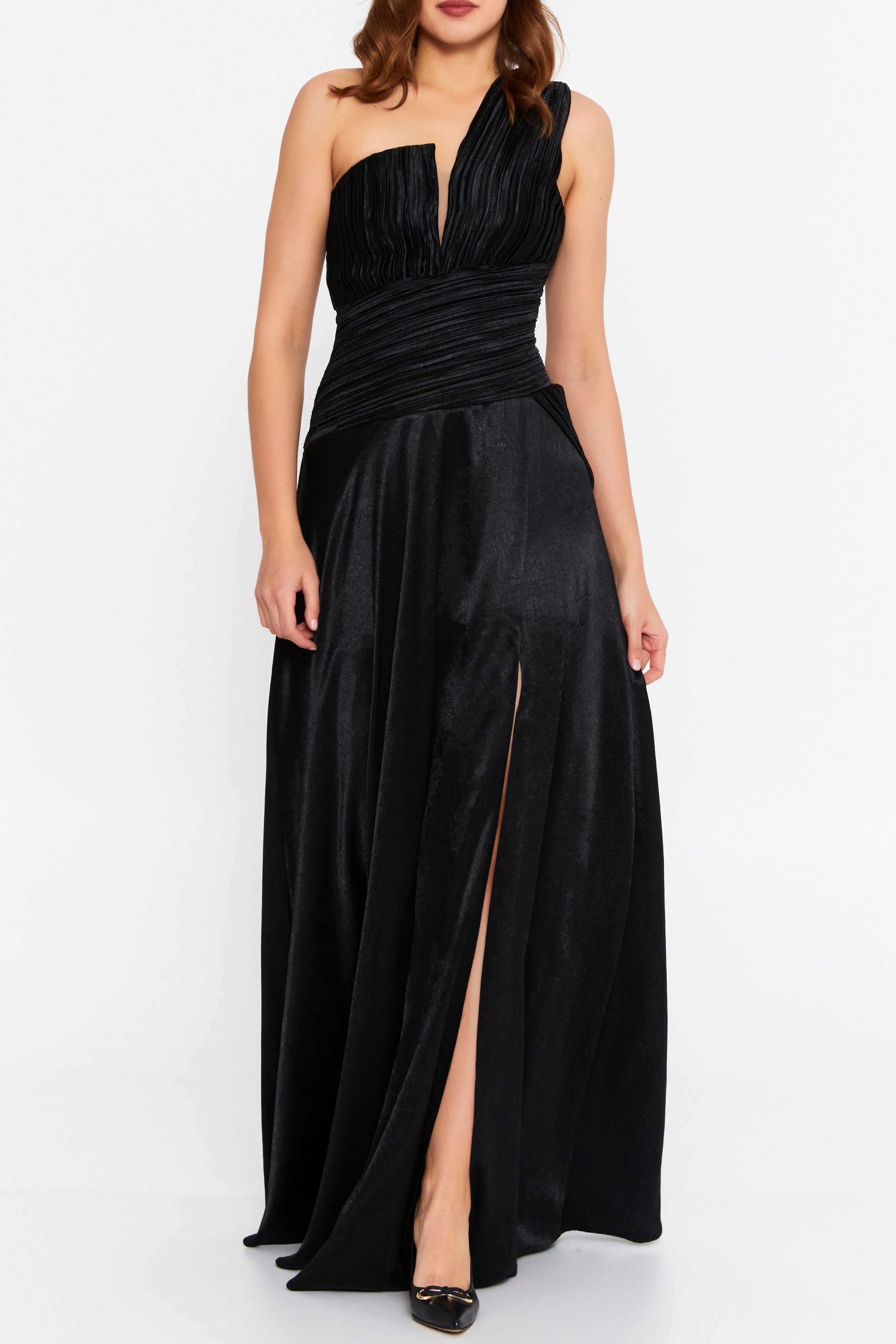 サテンワンショルダーロングドレスブラックMサイズ(40)