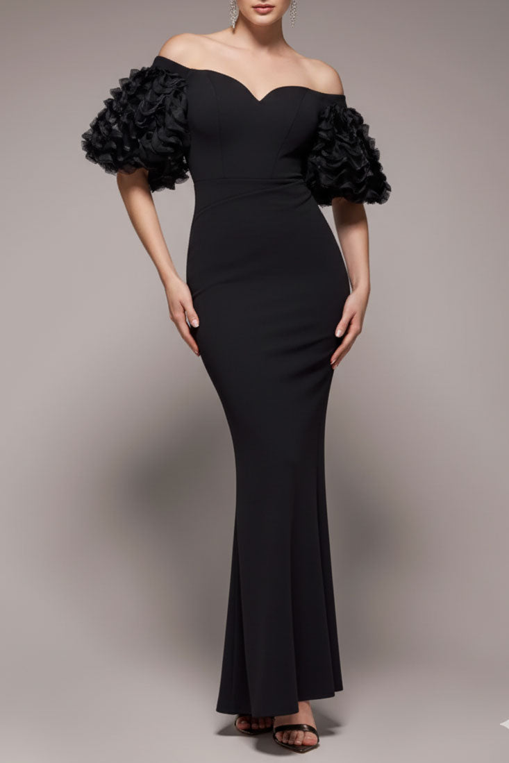 ボリュームオフショルダーマーメイドドレスブラックSサイズ