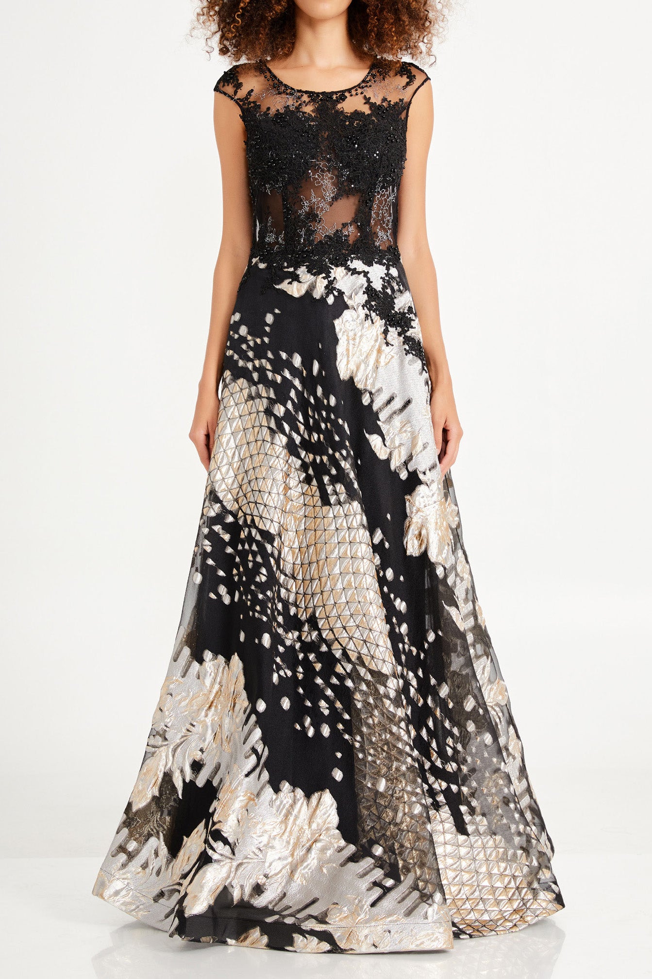 ミックスファブリックAラインロングドレスブラックSサイズ(38)