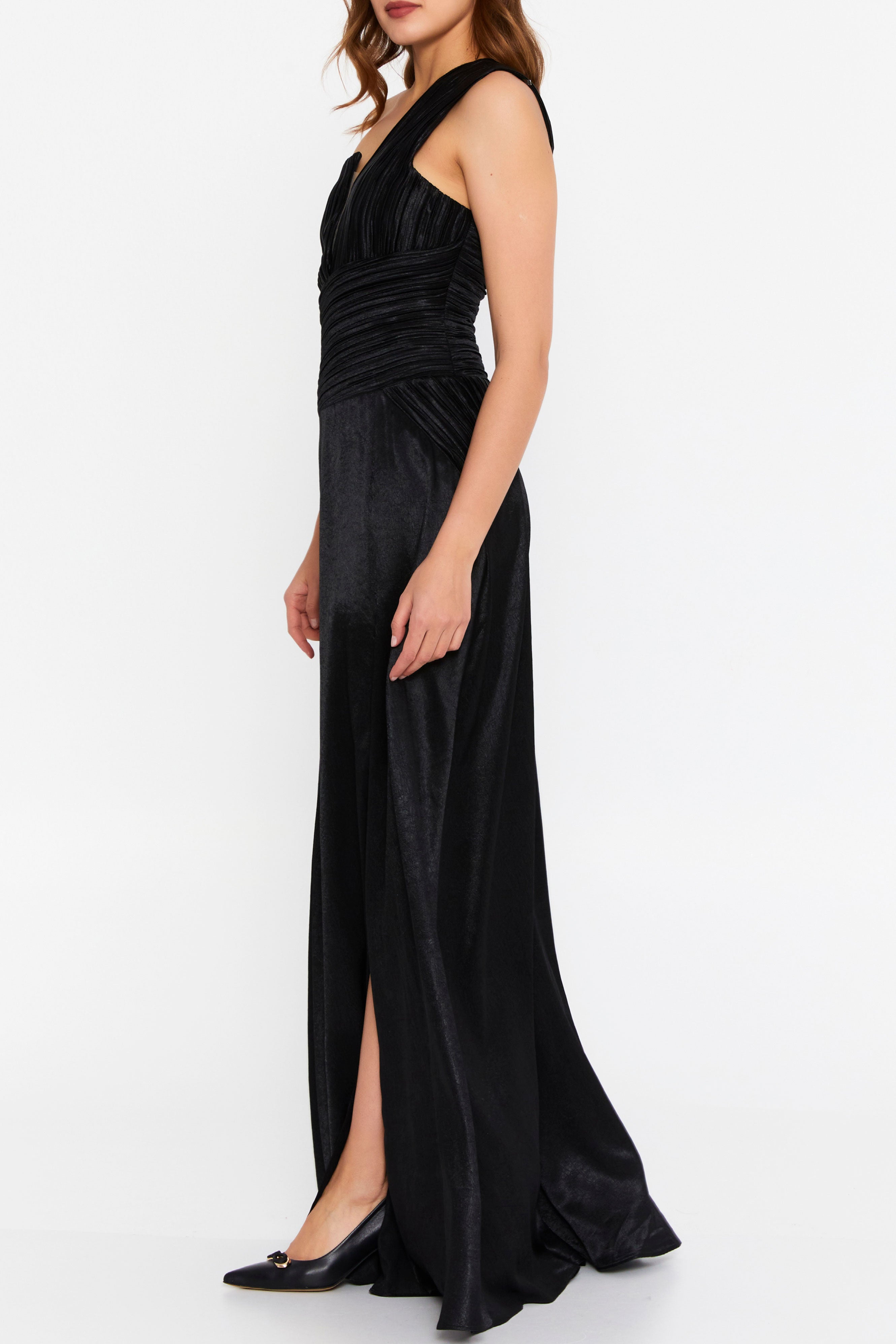 サテンワンショルダーロングドレスブラックMサイズ(40)