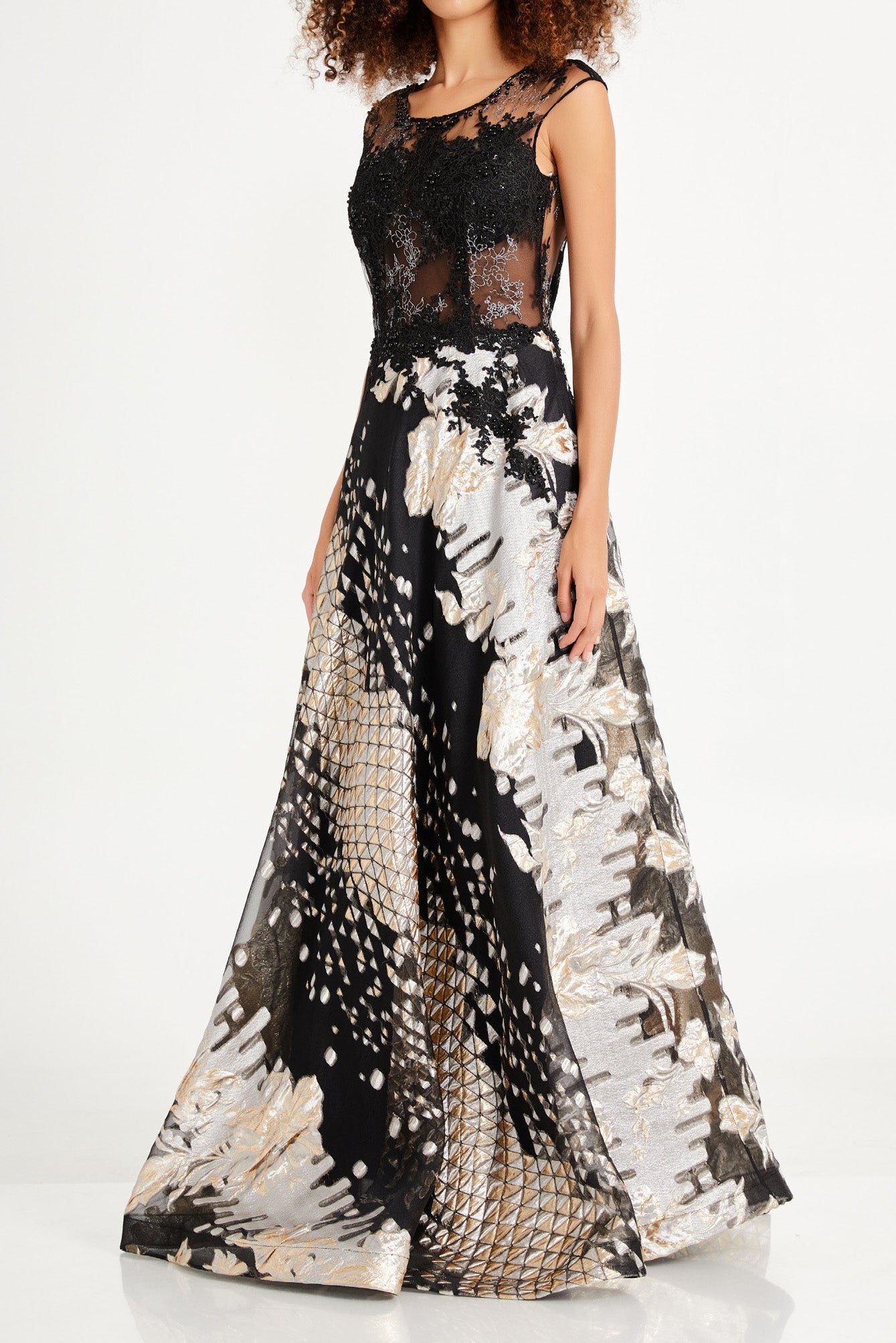 ミックスファブリックAラインロングドレスブラックSサイズ(38)