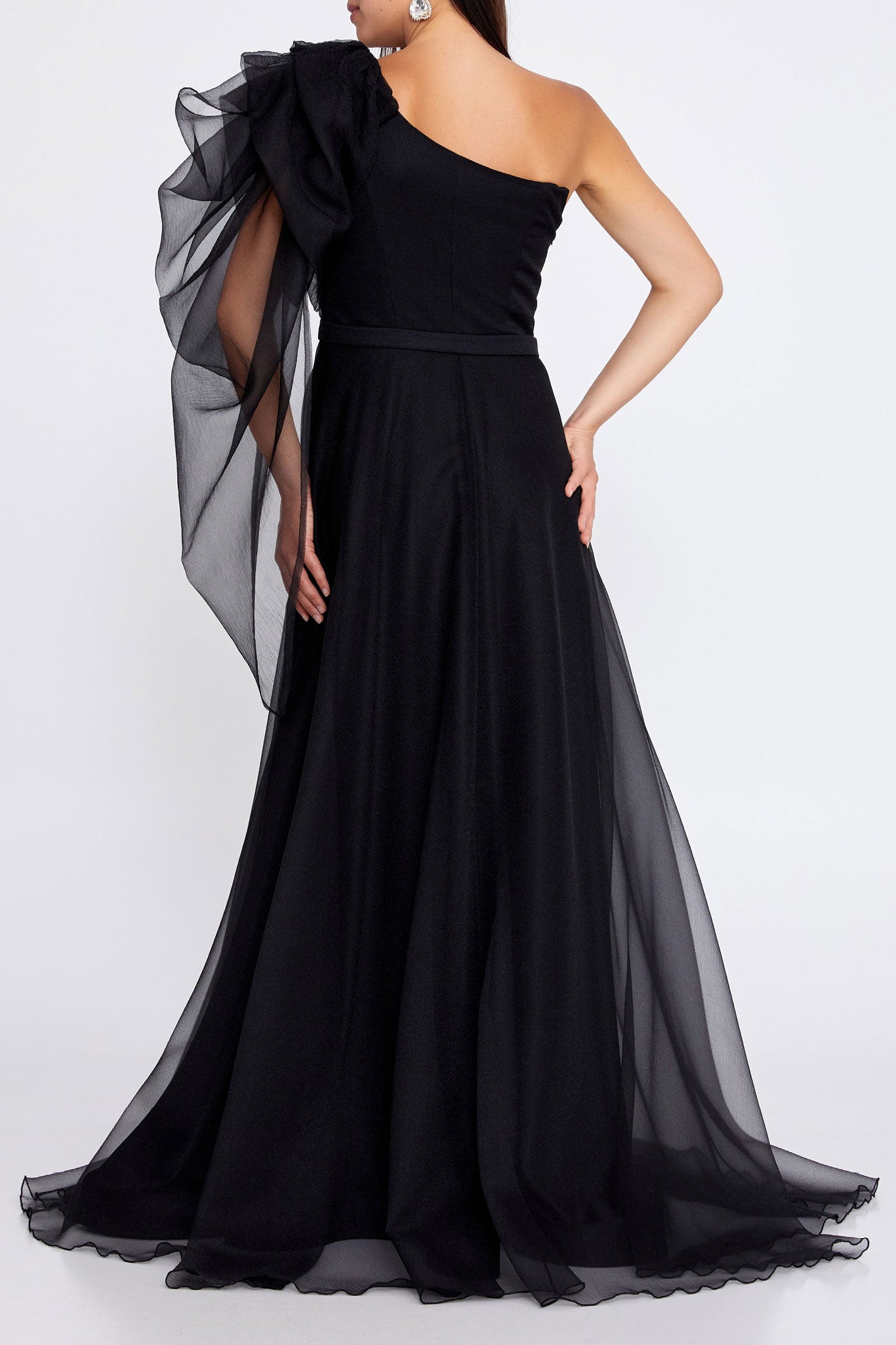 ボリュームワンショルダーAラインドレスブラックSサイズ(38)