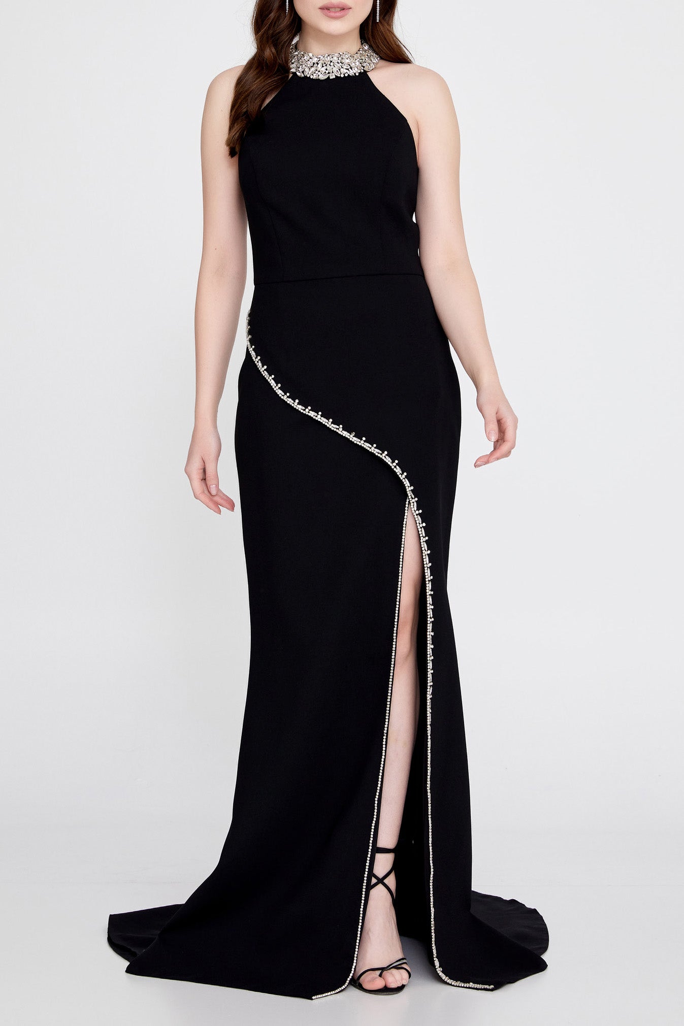 ビジューホルターネックロングドレスブラックSサイズ(38)