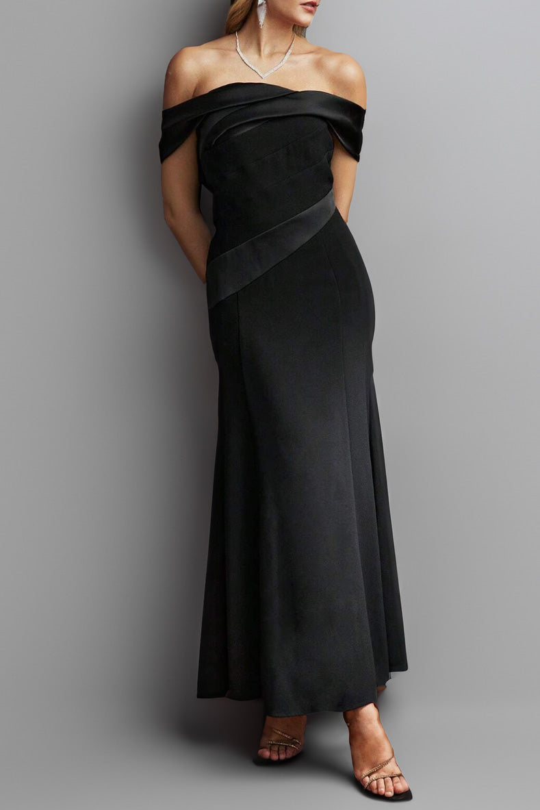 オフショルダーマーメイドミディドレスブラックMサイズ