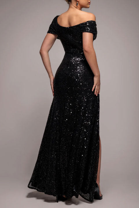 スパンコールカウルネックオフショルダーロングドレスブラックSサイズ