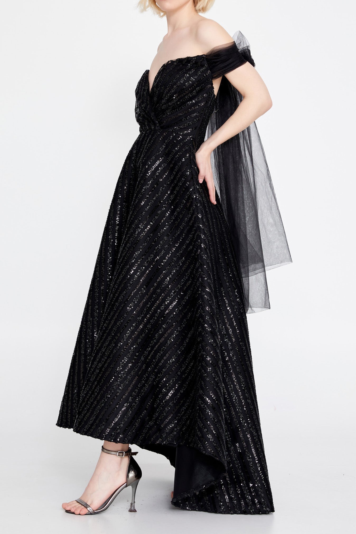 チュールスリーブヘムラインドレスブラックLサイズ(42)