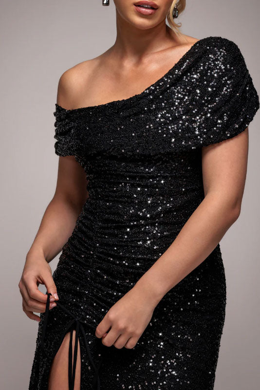 スパンコールカウルネックオフショルダーロングドレスブラックSサイズ