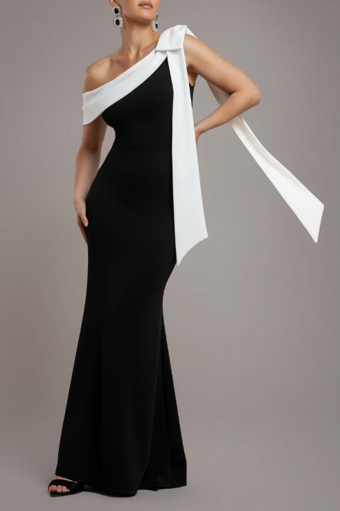 ワンショルダーコントラストボウロングドレスモノトーンSサイズ