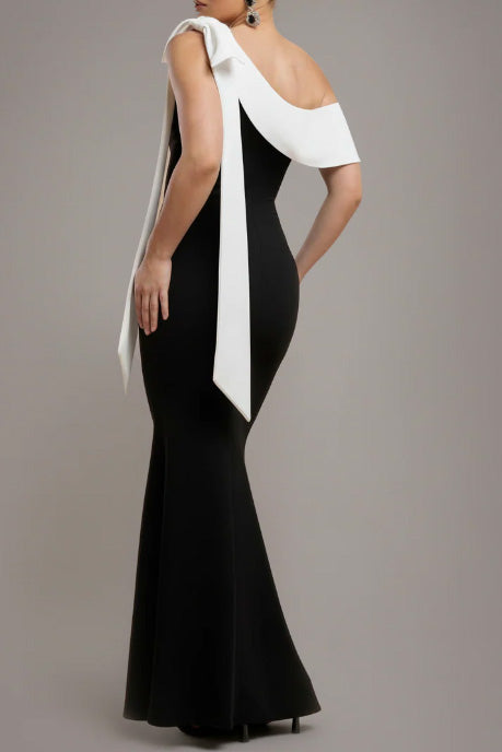 ワンショルダーコントラストボウロングドレスモノトーンSサイズ