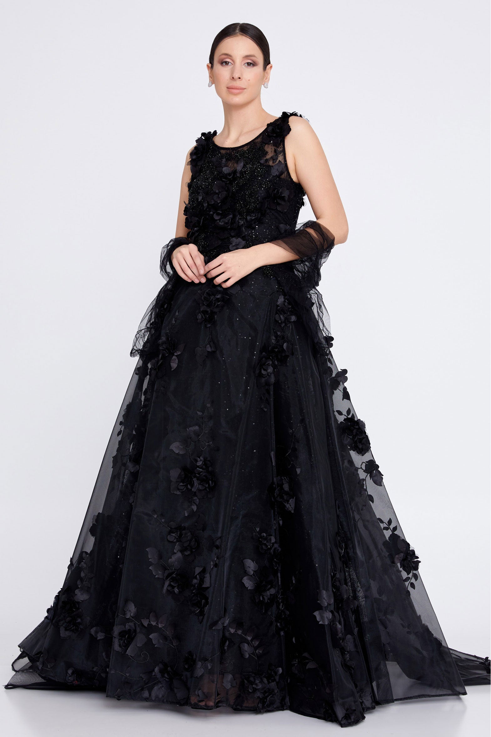 3DフローラルAラインロングドレスブラックMサイズ(38)