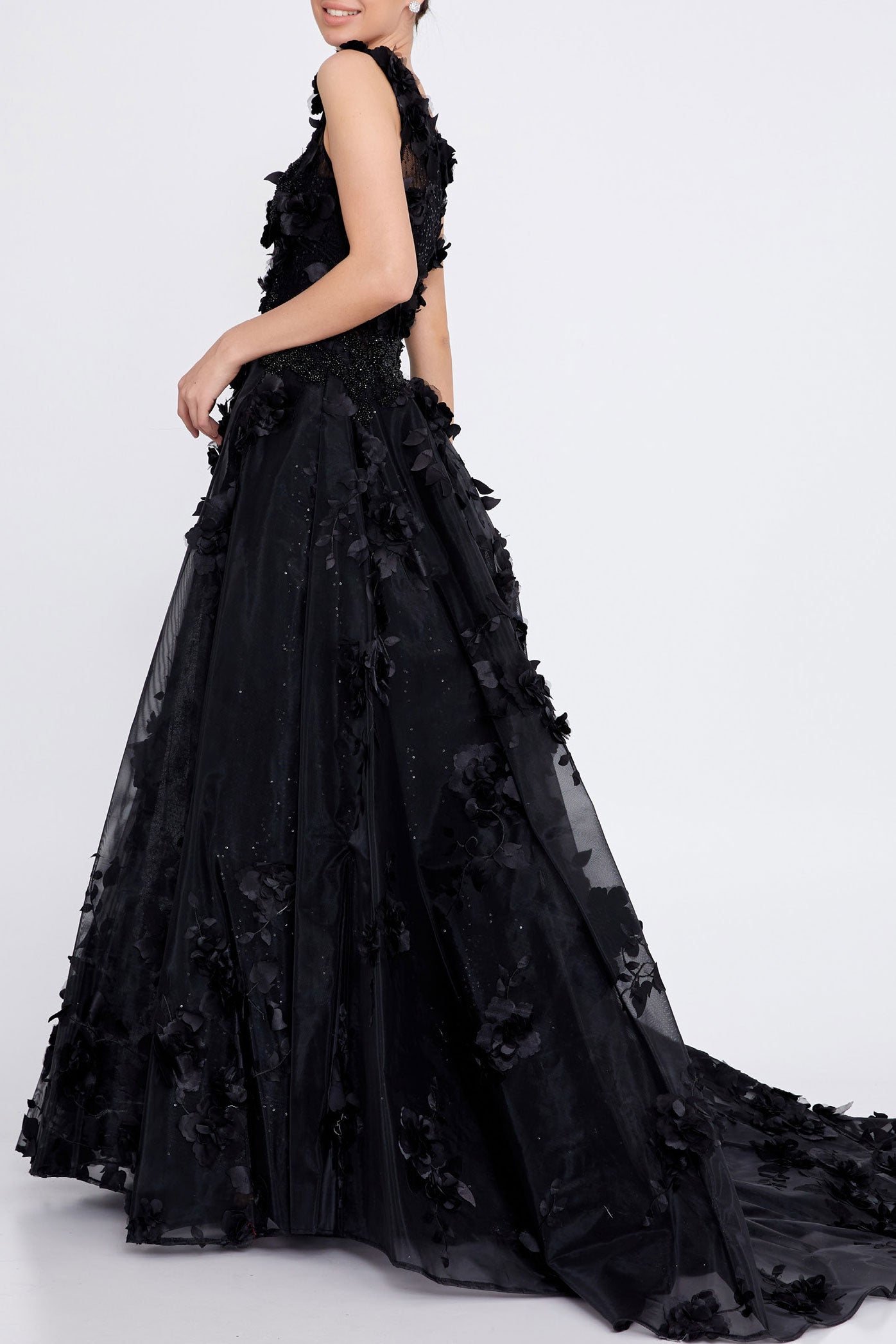 3DフローラルAラインロングドレスブラックMサイズ(38)