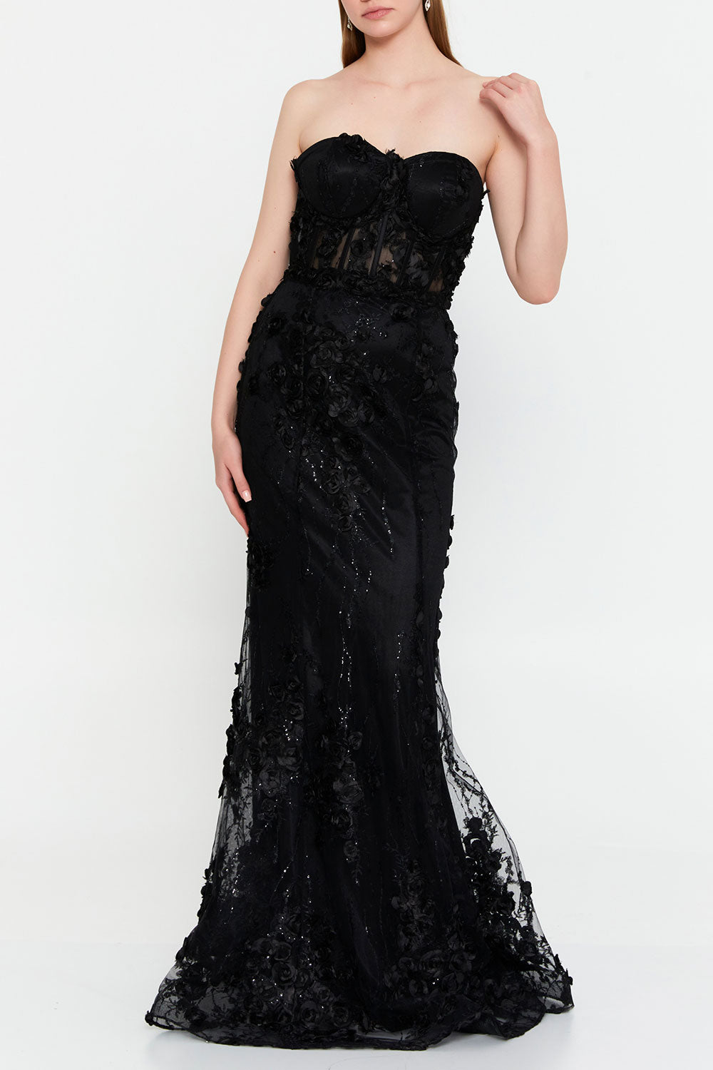 3Dフラワーレース・シアーコルセットマーメイドドレスブラックSサイズ(38)