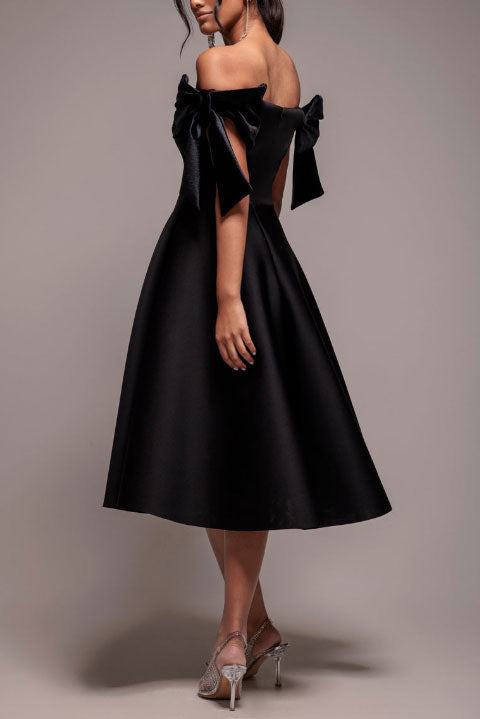 ボンディングベルベットリボンオフショルダーミディドレスブラックSサイズ