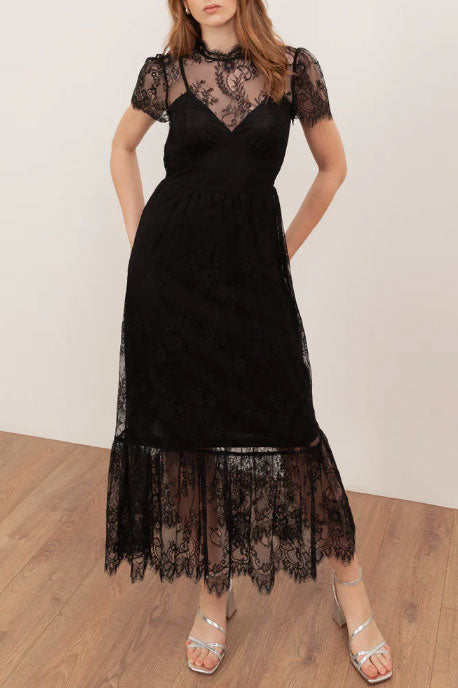 レースシースルーミディドレスブラックMサイズ