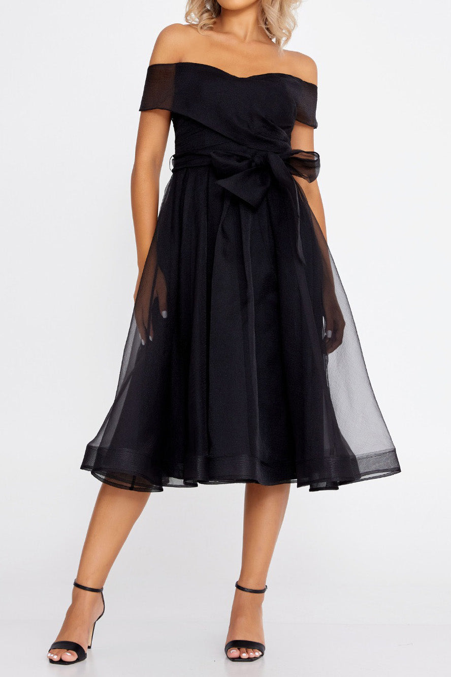 シアーオーガンジーオフショルダーミディドレスブラックSサイズ(38)