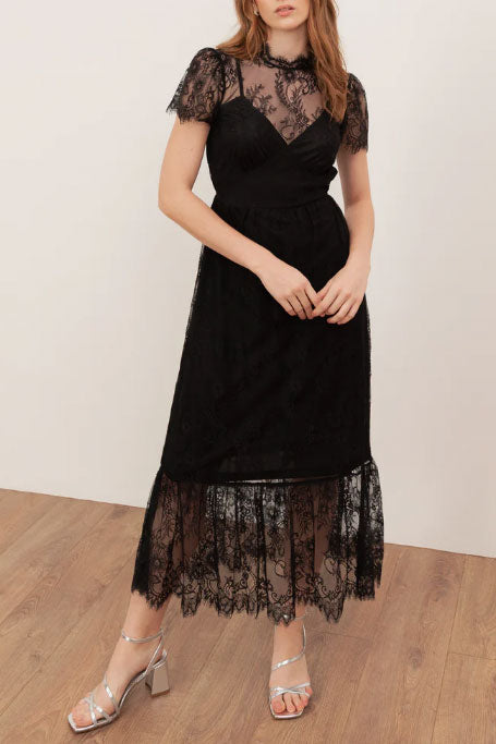 レースシースルーミディドレスブラックMサイズ