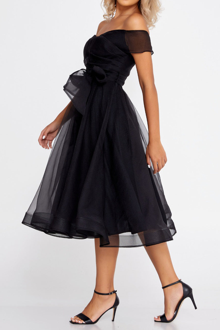 シアーオーガンジーオフショルダーミディドレスブラックMサイズ(40)