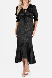 サテンジャガードレオパード柄ミディドレスブラックMサイズ