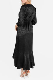 サテンジャガードレオパード柄ミディドレスブラックMサイズ