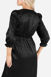 サテンジャガードレオパード柄ミディドレスブラックMサイズ