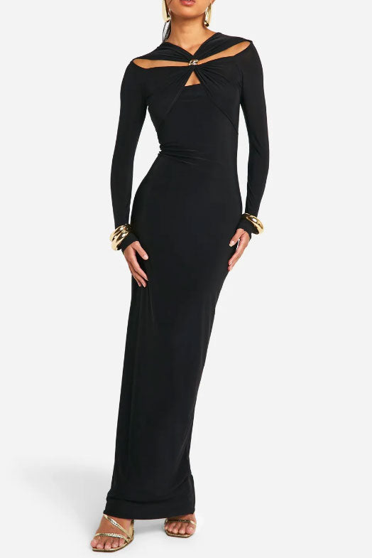 カッティングショルダーゴールドバックルロングドレスブラックSサイズ