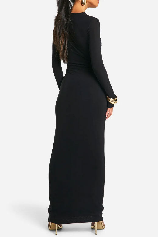 カッティングショルダーゴールドバックルロングドレスブラックSサイズ