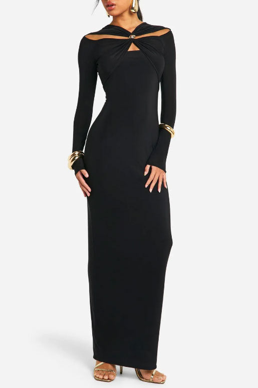 カッティングショルダーゴールドバックルロングドレスブラックSサイズ