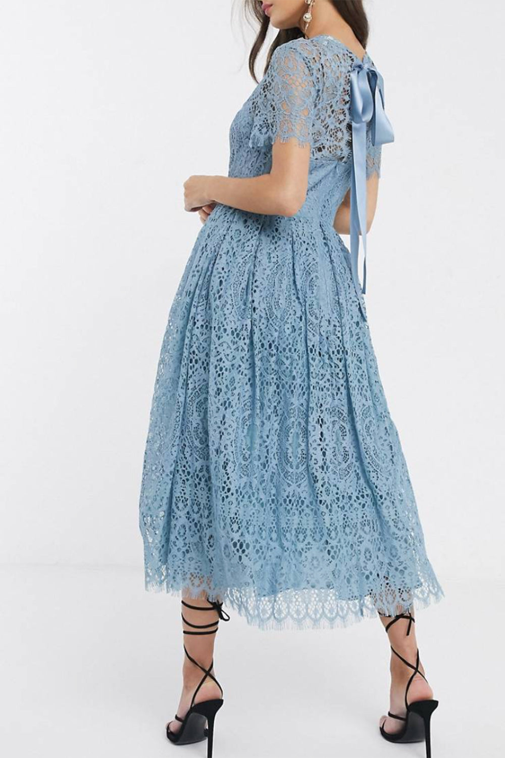 レースリボンバックミディドレスブルーSサイズ