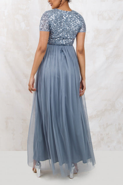 ビジューハーフスリーブVネックロングドレスブルーグレーLサイズ