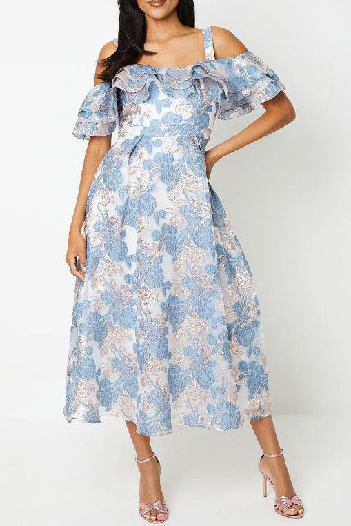 オフショルダージャガードミディドレスライトブルーSサイズ