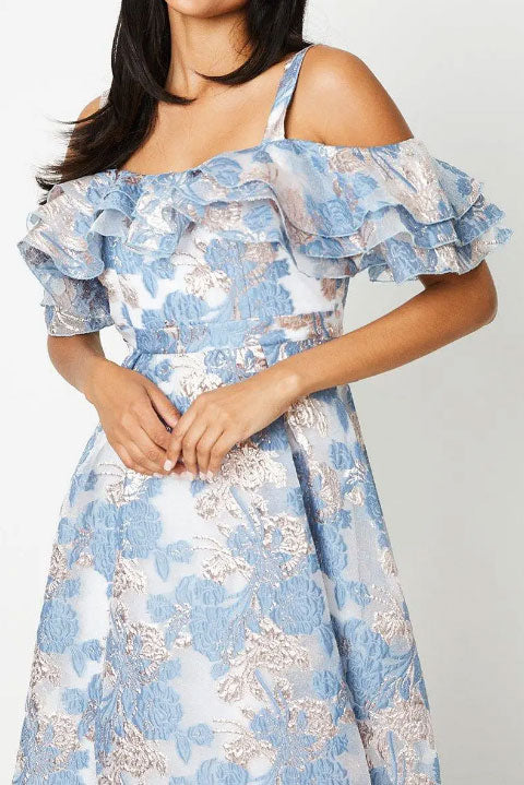 オフショルダージャガードミディドレスライトブルーSサイズ