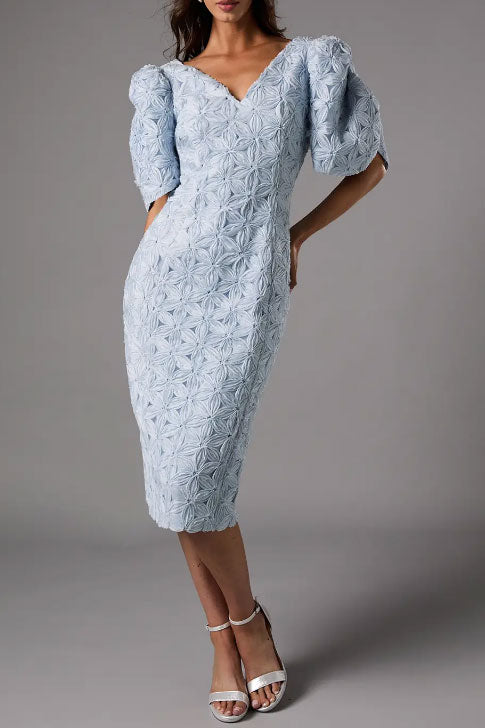 3DフローラルパフスリーブミディドレスライトブルーMサイズ