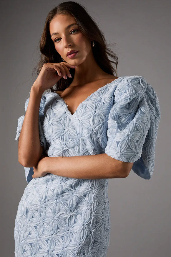 3DフローラルパフスリーブミディドレスライトブルーMサイズ