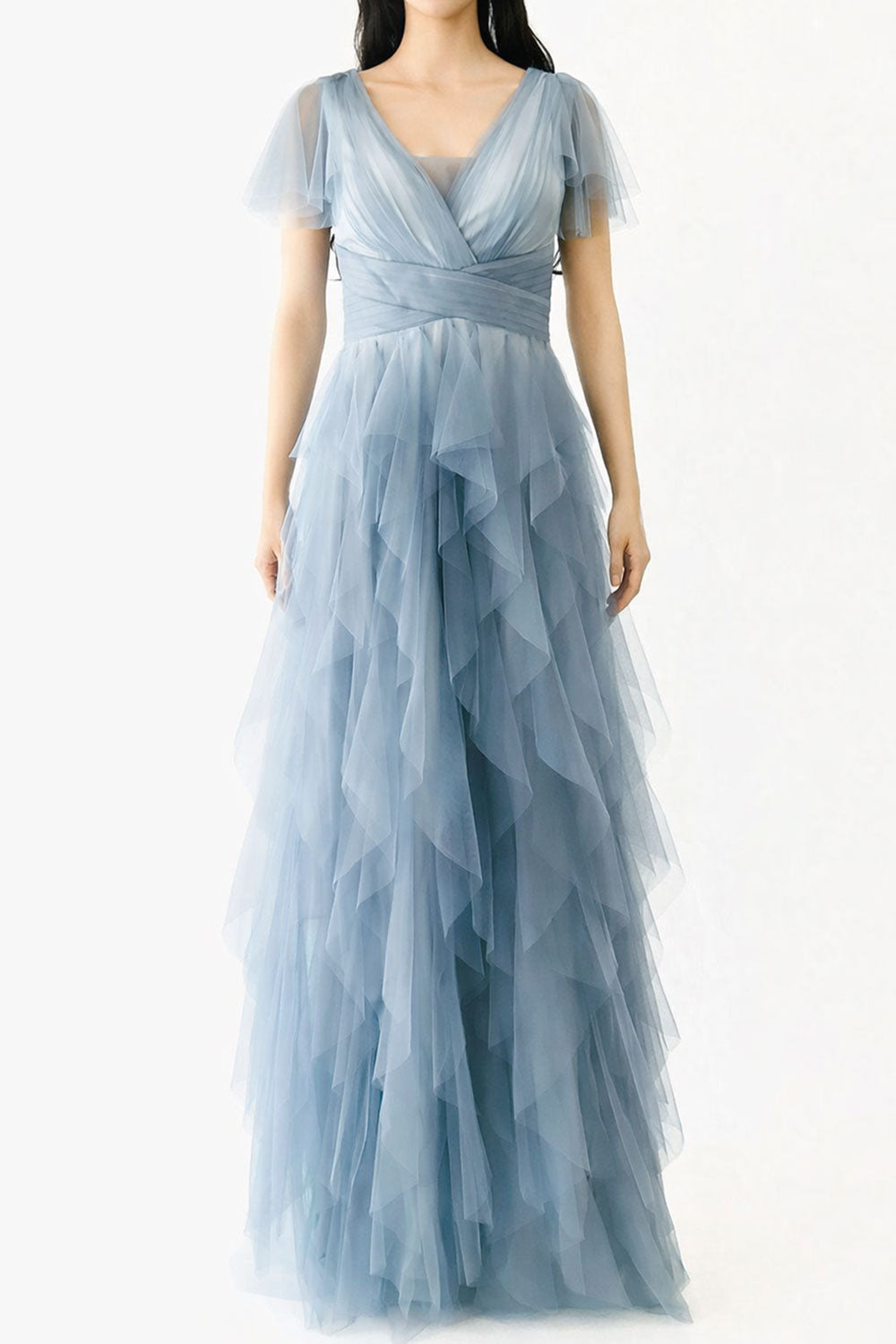 フリルスリーブウォーターフォールロングドレスブルーグレーMサイズ