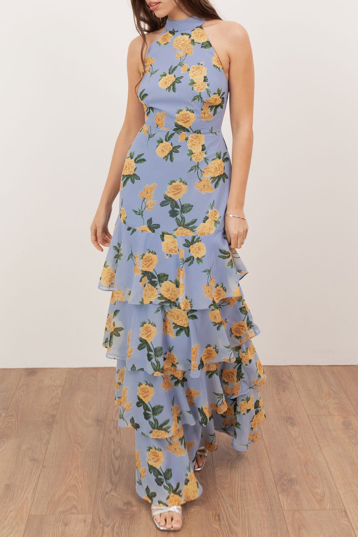 イエローローズプリントホルターネックマキシドレスブルーMサイズ