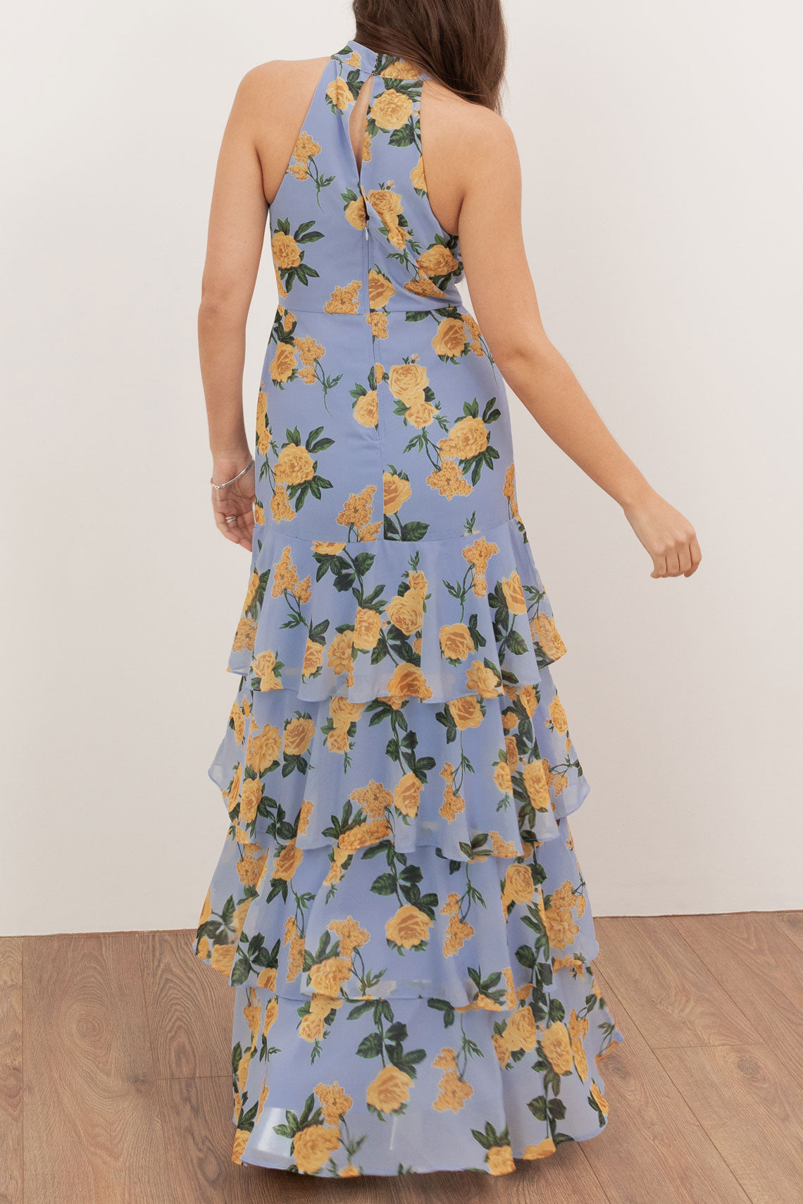 イエローローズプリントホルターネックマキシドレスブルーMサイズ