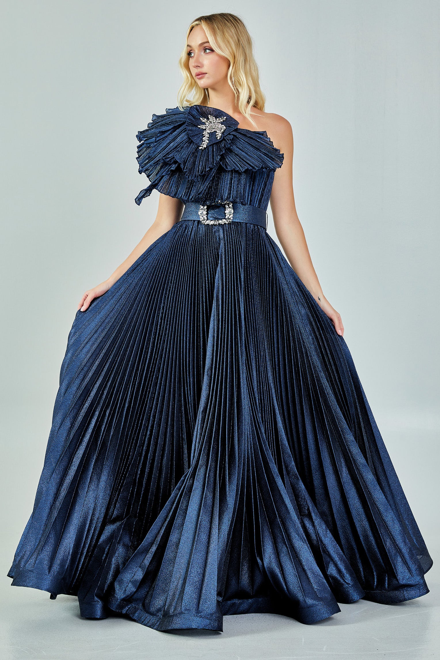 ワンショルダーAラインドレスブルーMサイズ