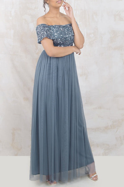 ビジューオフショルダーロングドレスブルーグレーMサイズ