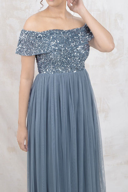 ビジューオフショルダーロングドレスブルーグレーMサイズ