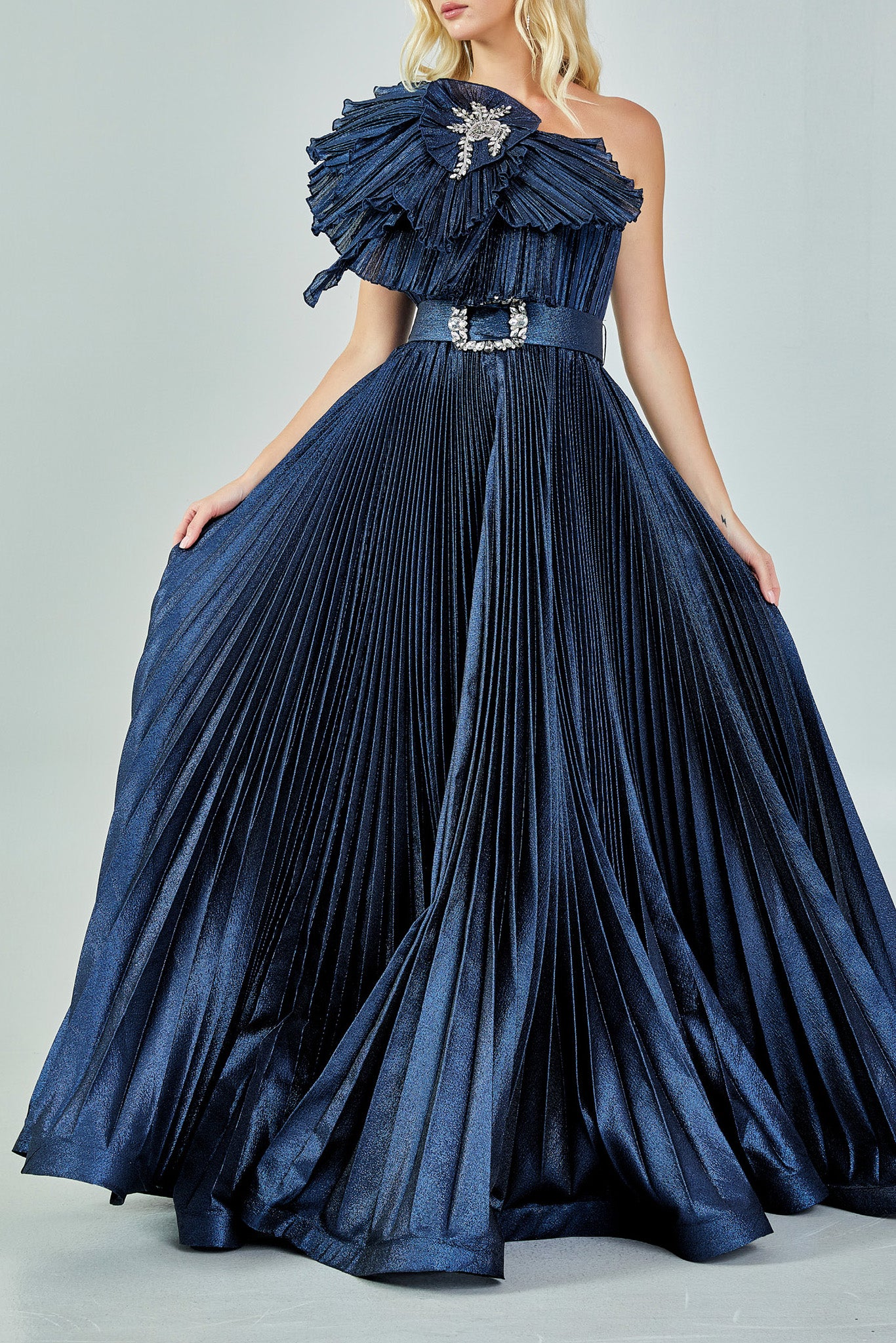 ワンショルダーAラインドレスブルーMサイズ