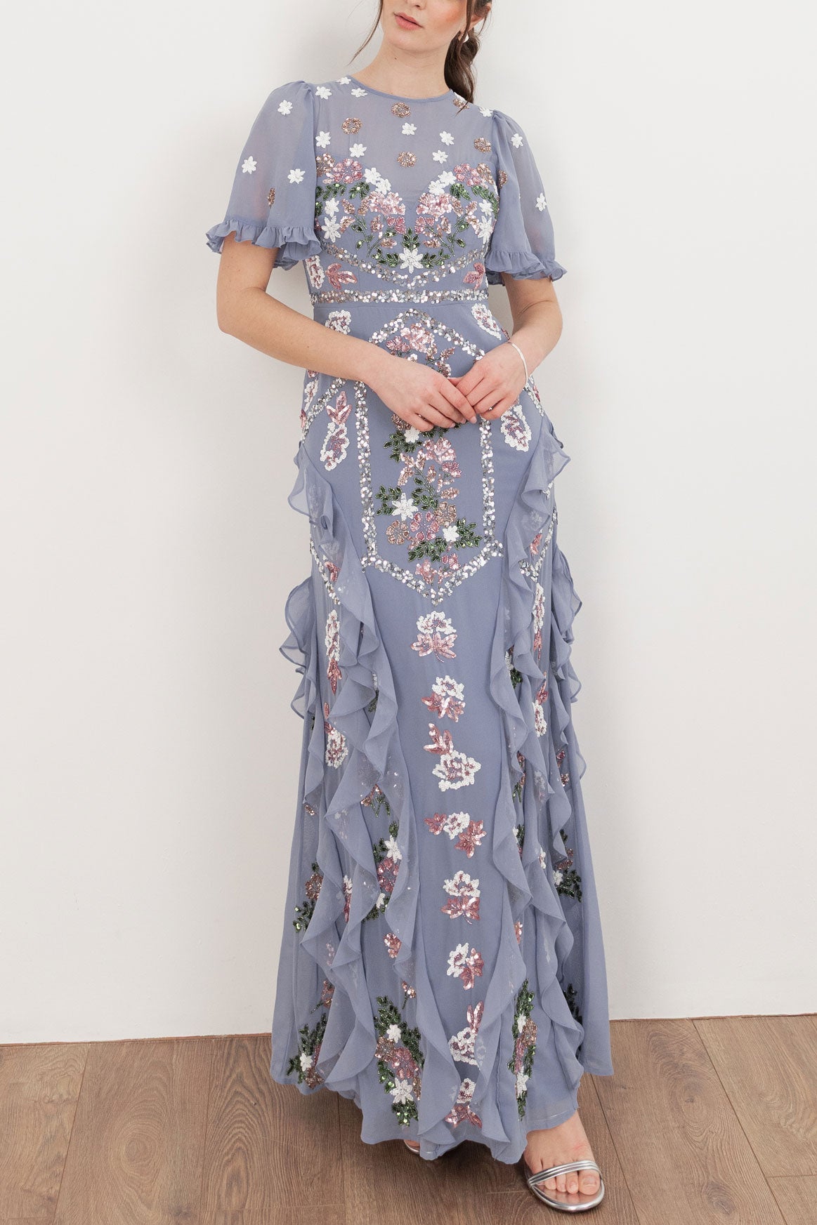 ヴィンテージライクラッフルマキシドレスウィステリアブルーMサイズ