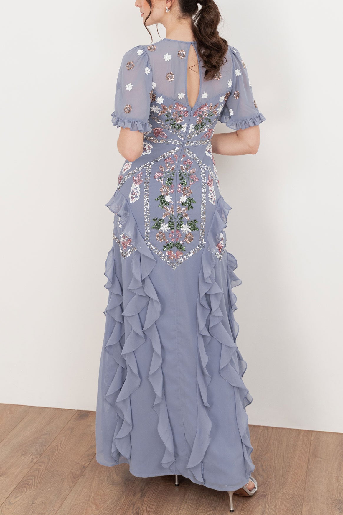 ヴィンテージライクラッフルマキシドレスウィステリアブルーMサイズ