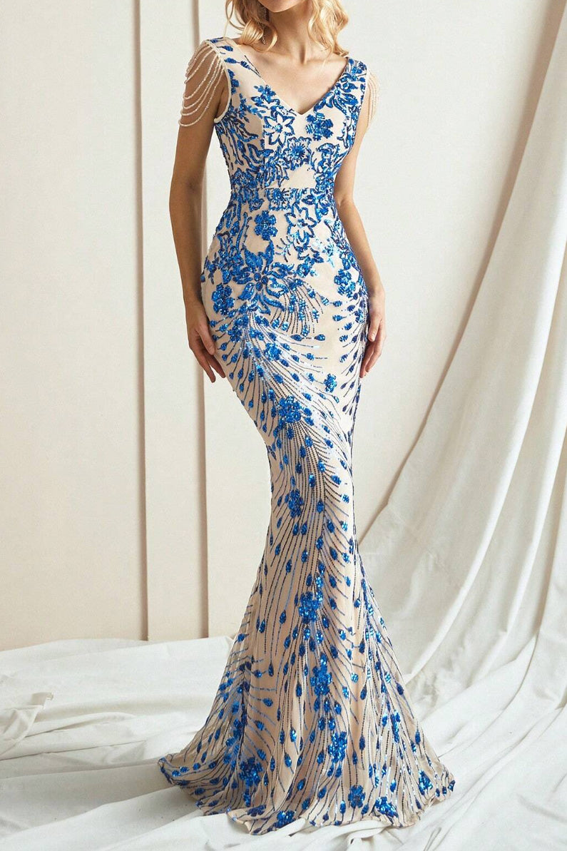 Vスパンコールマーメイドドレスブルー×ベージュSサイズ