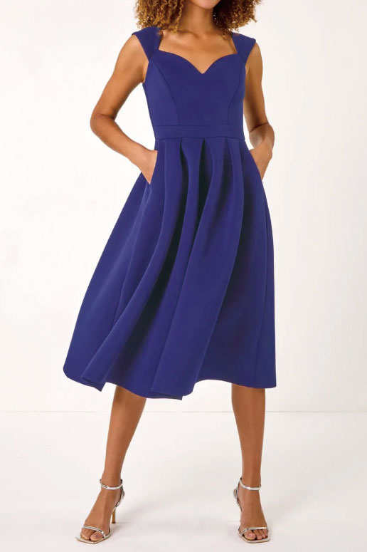 ボンディングフィットアンドフレアミディドレスブルーSサイズ