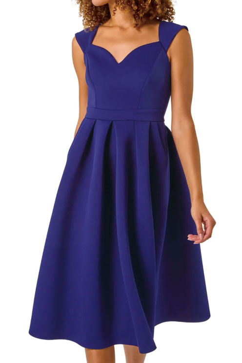 ボンディングフィットアンドフレアミディドレスブルーSサイズ